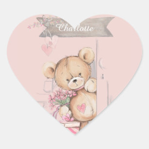 Adorable Watercolor Teddy Bear Baby Dusche Square Herz-Aufkleber