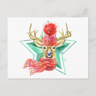 Adorable Watercolor Winter Hirsch Grüner Star Postkarte