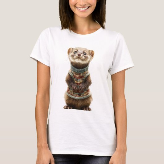 Adorable Weasel wearing a Knitted Sweater T-Shirt (Vorderseite)