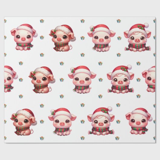 Adorable Weihnachtsferien Kawaii Schweine auf Weiß Geschenkpapier (Flach)