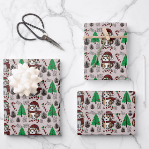 Adorable Weihnachtskatzen mit Bäumen Geschenkpapier Set