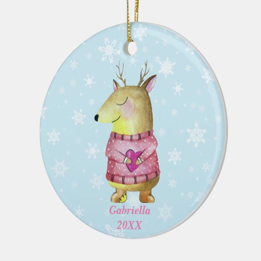 Adorable Weihnachtsmann mit einem rosa Pullover Keramik Ornament (Links)