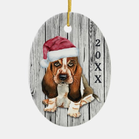 Adorable Weihnachtsmannmütze Basset Hound Welpe Ke Keramik Ornament (Vorne)