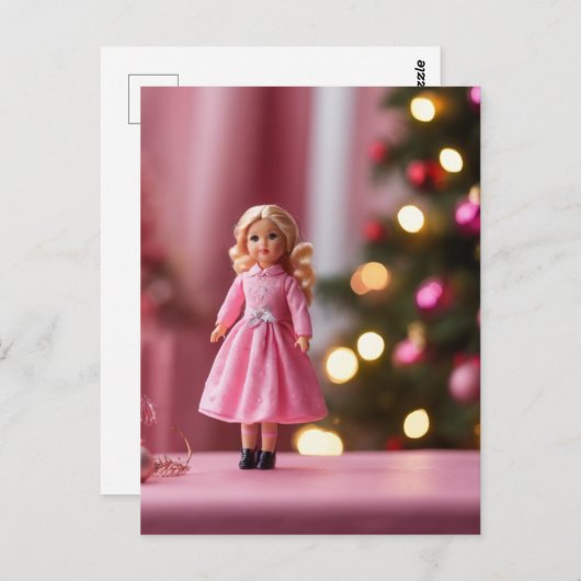 Adorable Weihnachtspuppe in Rosa Postkarte (Vorne/Hinten)