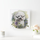 ADORABLE WEISSE BICHON FRISE HUND MIT BLUME QUADRATISCHE WANDUHR (Zuhause)