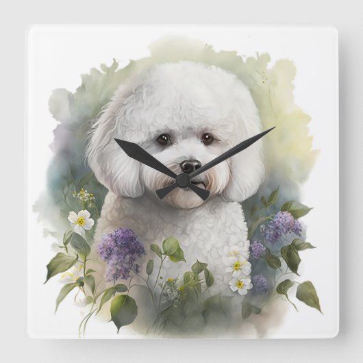 ADORABLE WEISSE BICHON FRISE HUND MIT BLUME QUADRATISCHE WANDUHR (Vorderseite)