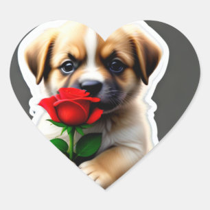 Adorable Welpe, die eine Rose hält Herz-Aufkleber