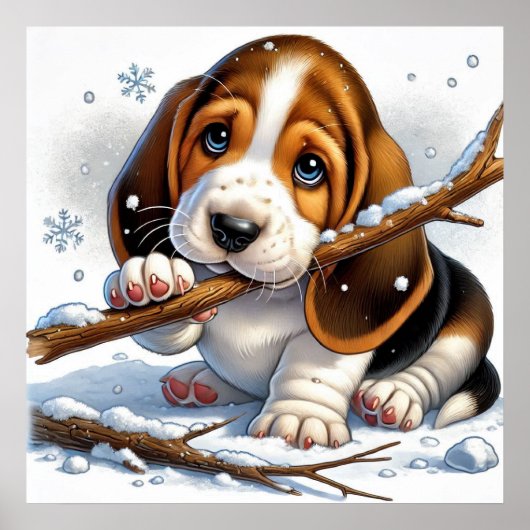 Adorable Welpe, die einen schneesicheren Stick häl Poster (Vorne)