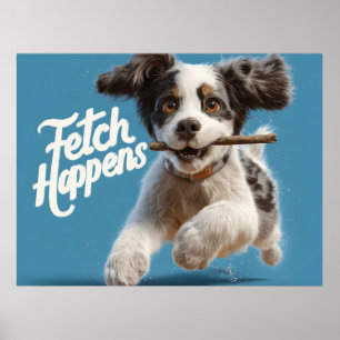 Adorable Welpe Mid-Air-Laufen mit einem Stock Poster