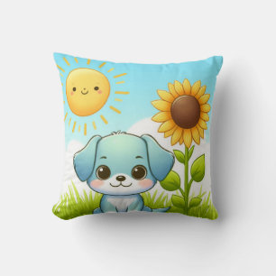 Adorable Welpe mit Sonnenblume und Lächelnde Sonne Kissen