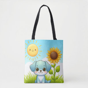 Adorable Welpe mit Sonnenblume und Lächelnde Sonne Tasche