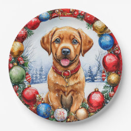 Adorable Welpe umgeben von Weihnachtsdekorationen Pappteller