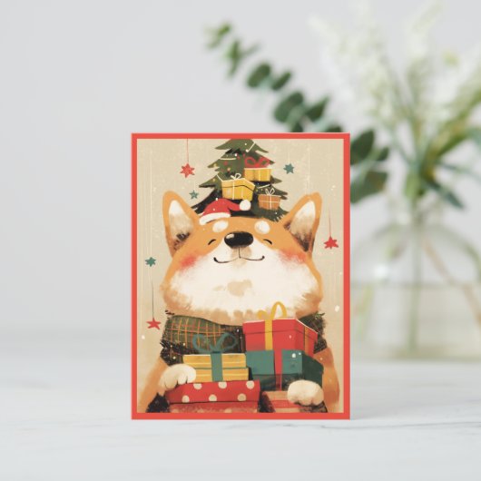 Adorable Welsh Corgi with Christmas Gifts Postkarte (Stehend Vorderseite)