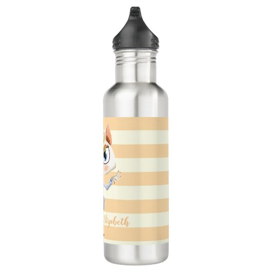 Adorable Whimsical Cat on Stripes Personalisiert Edelstahlflasche (Rechts)