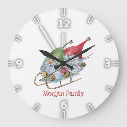 Adorable Whimsical Gnomes Sleigh Weihnachten Große Wanduhr (Vorderseite)
