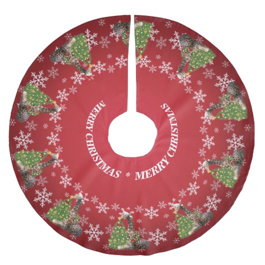Adorable Whimsical Weihnachts Giraffen auf Rot Polyester Weihnachtsbaumdecke (Vorderseite)