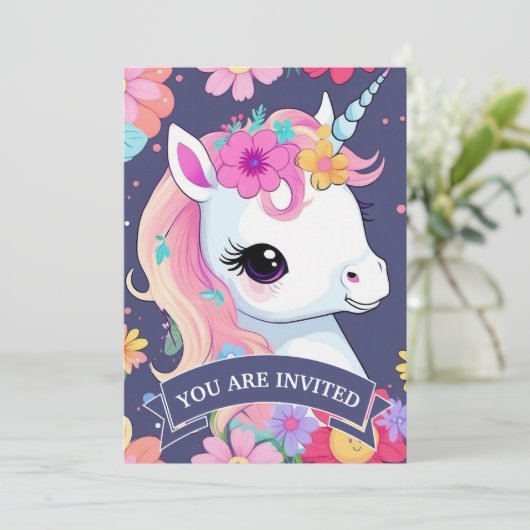 Adorable White Baby Unicoron mit Blume Einladung (Stehend Vorderseite)