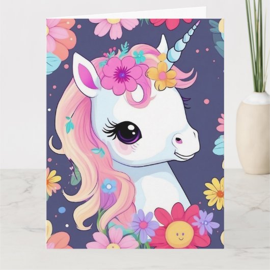 Adorable White Baby Unicoron mit Blume Karte (Vorderseite)