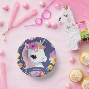 Adorable White Baby Unicoron mit Blume Pappteller