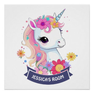 Adorable White Baby Unicoron mit Blume Poster