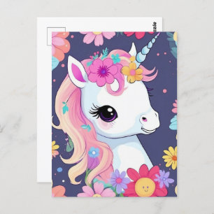 Adorable White Baby Unicoron mit Blume Postkarte