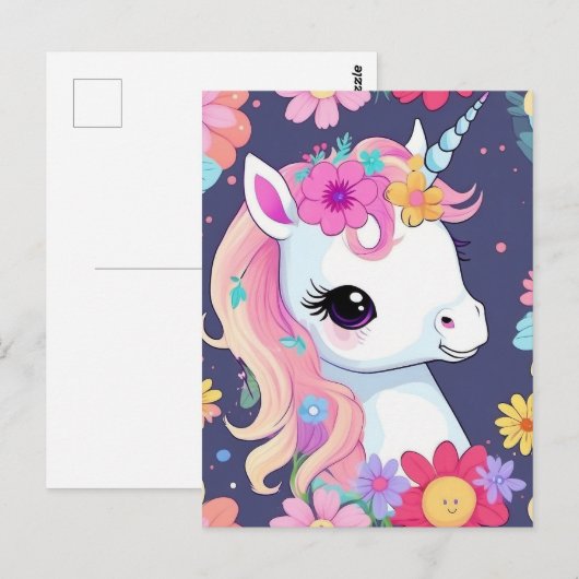 Adorable White Baby Unicoron mit Blume Postkarte (Vorne/Hinten)