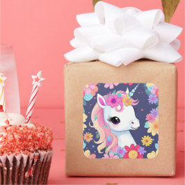 Adorable White Baby Unicoron mit Blume Quadratischer Aufkleber