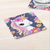Adorable White Baby Unicoron mit Blume Rechteckiger Pappuntersetzer (angewinkelt)