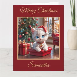 Adorable White Kitten mit Weihnachtsgeschenk Karte