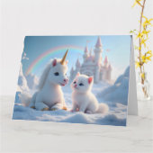 Adorable White Kitten und Baby Unicorn Karte (Gelbe Blume)
