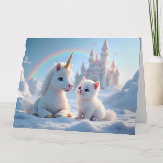 Adorable White Kitten und Baby Unicorn Karte (Vorderseite)