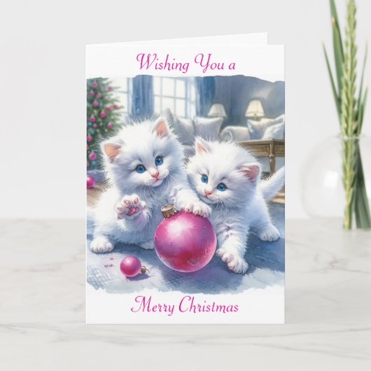 Adorable White Kittens Pink Weihnachten Karte (Vorderseite)