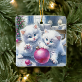 Adorable White Kittens Pink Weihnachten Personalis Keramikornament