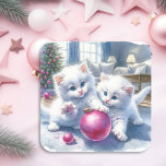 Adorable White Kittens Pink Weihnachten Quadratischer Aufkleber<br><div class="desc">Hübscher Weihnachtsmagnet. Zwei kleine,  weiße,  flauschige Kätzchen spielen mit einem rosa funkelnd Weihnachtsschmuck.</div>