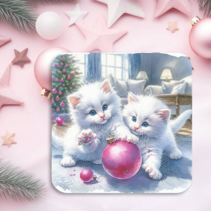 Adorable White Kittens Pink Weihnachten Quadratischer Aufkleber
