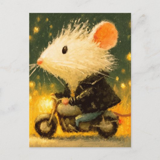 Adorable White Mouse Reiten auf einem Motorrad Postkarte (Vorderseite)