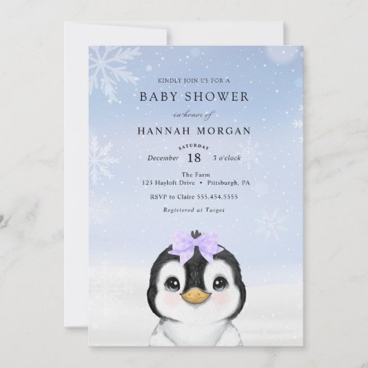 Adorable Winter Pinguin Baby Dusche Einladung (Vorderseite)