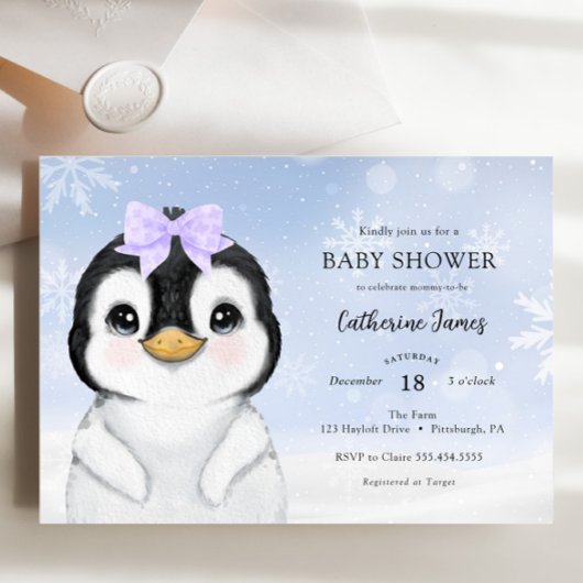 Adorable Winter Pinguin Baby Dusche Einladung