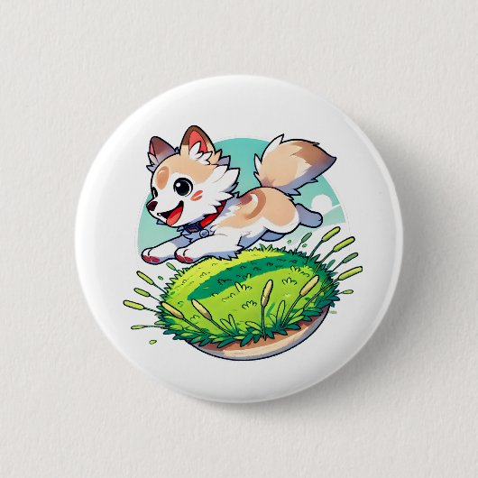 Adorable Wolfenkuchen springen durch ein Feld Button (Vorderseite)