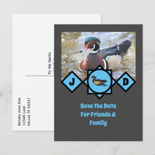 Adorable Wood Duck Monogram Foto Einladungspostkarte (Vorne/Hinten)