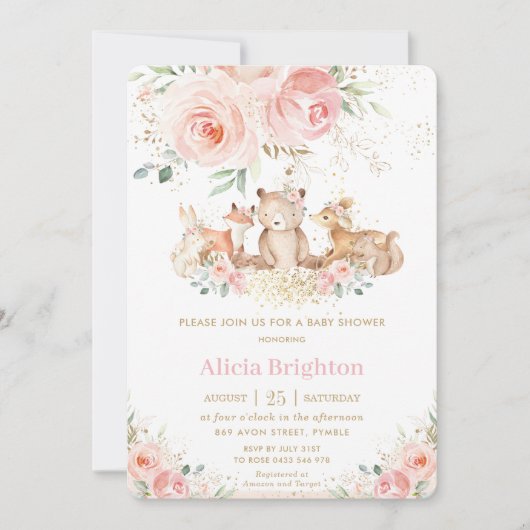 Adorable Woodland Blush Floral Girly Babydusche Einladung (Vorderseite)