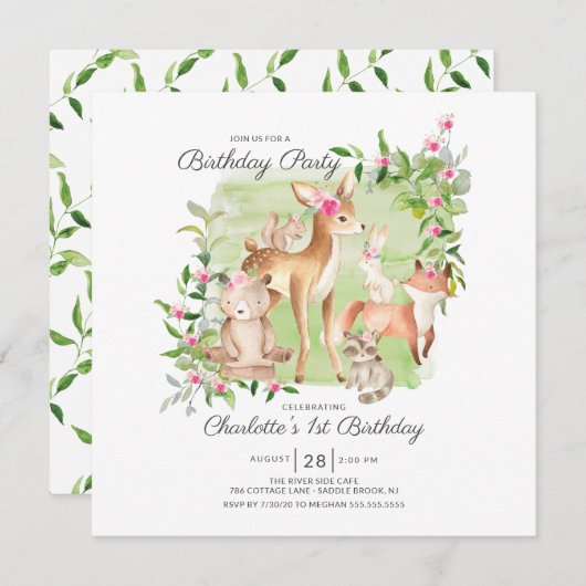 Adorable Woodland Friends Girls 1. Geburtstag Einladung (Vorne/Hinten)