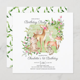 Adorable Woodland Friends Girls 1. Geburtstag Einladung