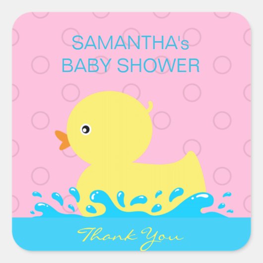 Adorable Yellow Blue Pink Gummi Ducky Baby Dusche Quadratischer Aufkleber (Vorderseite)