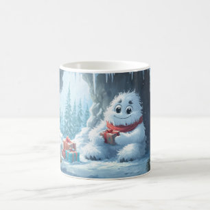 Adorable Yeti mit Weihnachtsgeschenken in einer Hö Kaffeetasse