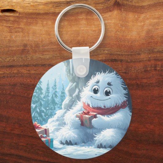 Adorable Yeti mit Weihnachtsgeschenken in einer Hö Schlüsselanhänger (Rückseite)