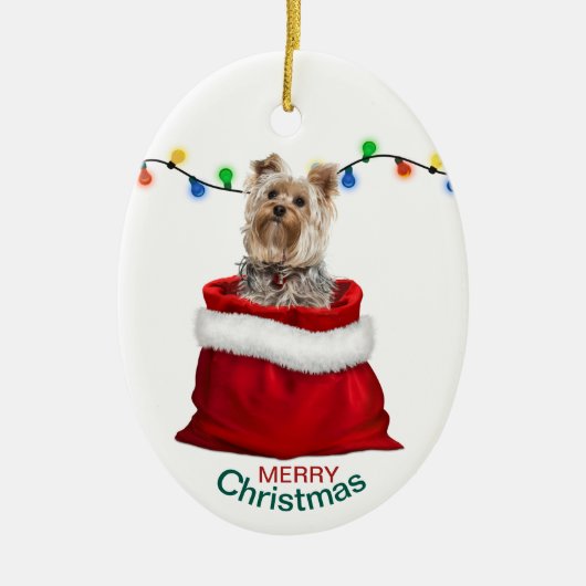 Adorable Yorkie Dog in Holiday Gift Bag Keramik Ornament (Vorne)