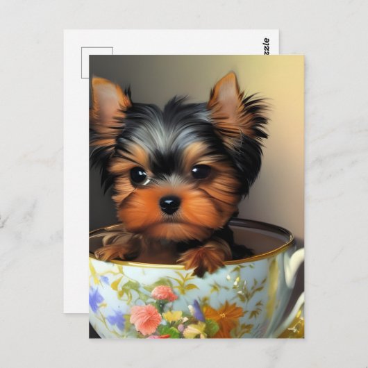 Adorable Yorkie in einem Teacup Postkarte (Vorne/Hinten)