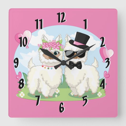 Adorables Llama Liebe Niedlich Llama Couple Pink Quadratische Wanduhr (Vorderseite)