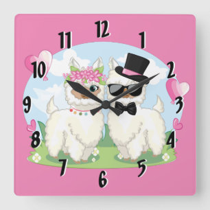 Adorables Llama Love Cute Llama Couple Pink Quadratische Wanduhr